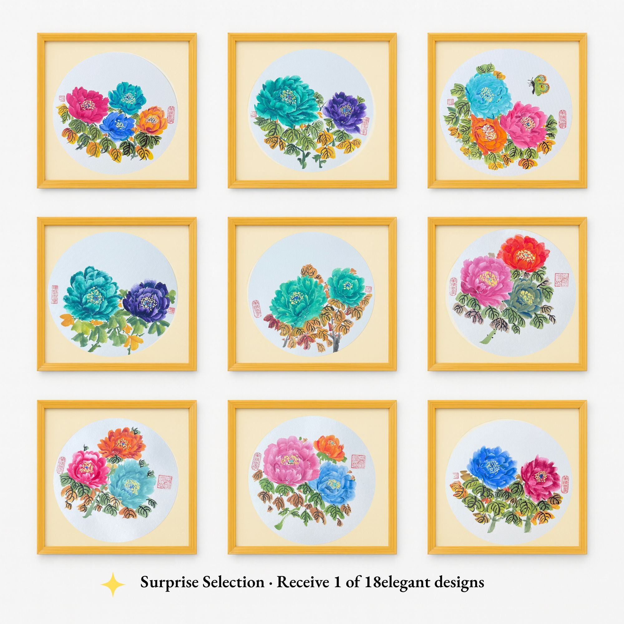 Hand-painted Oriental Peony Floral Wall Art – 38×38cm Wooden Frame, Gift-ready Home Décor Painting