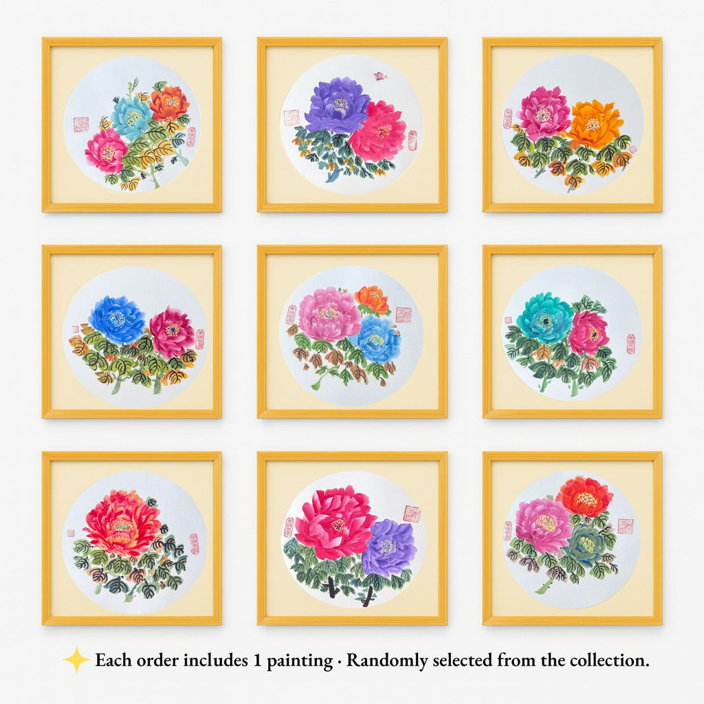 Hand-painted Oriental Peony Floral Wall Art – 38×38cm Wooden Frame, Gift-ready Home Décor Painting
