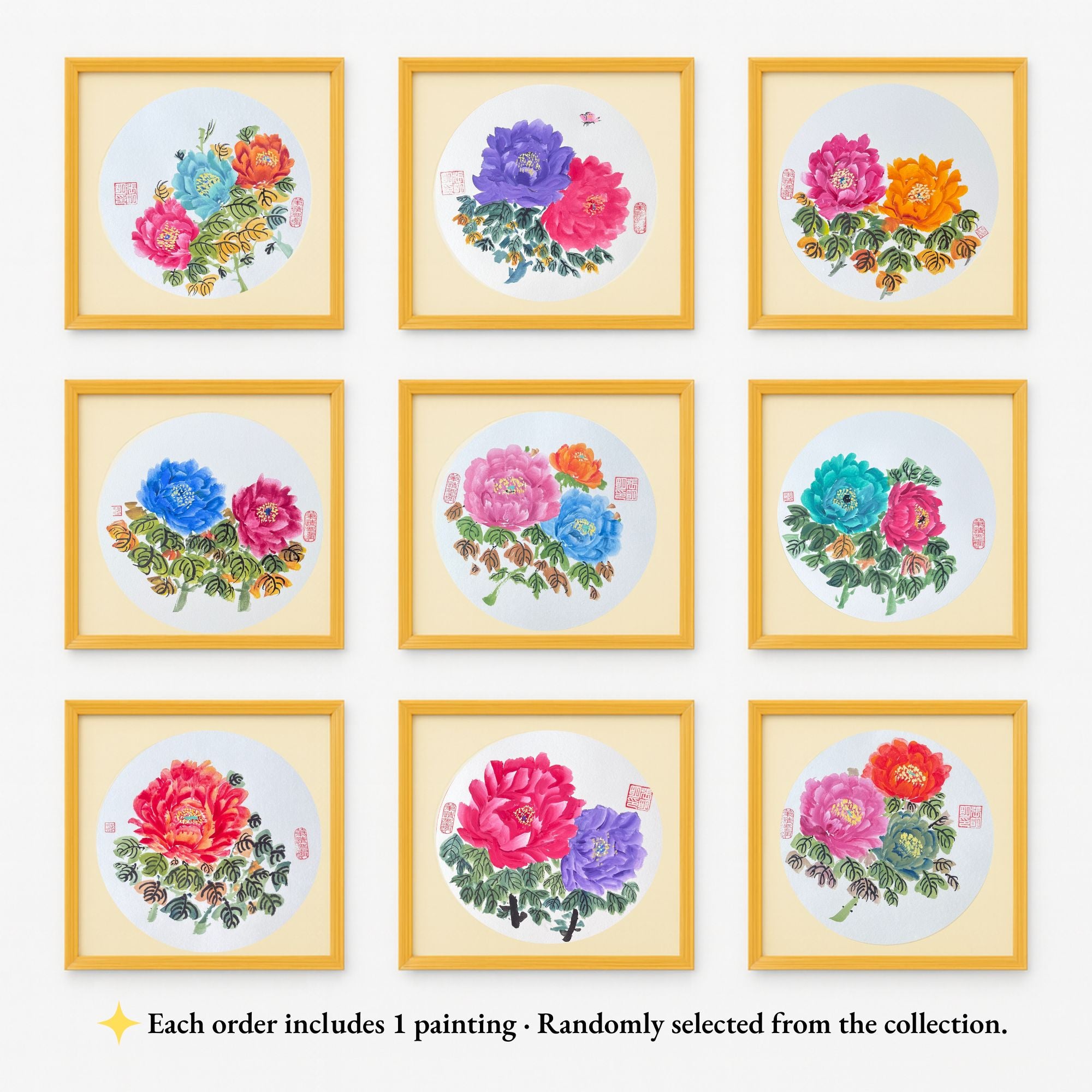 Hand-painted Oriental Peony Floral Wall Art – 38×38cm Wooden Frame, Gift-ready Home Décor Painting