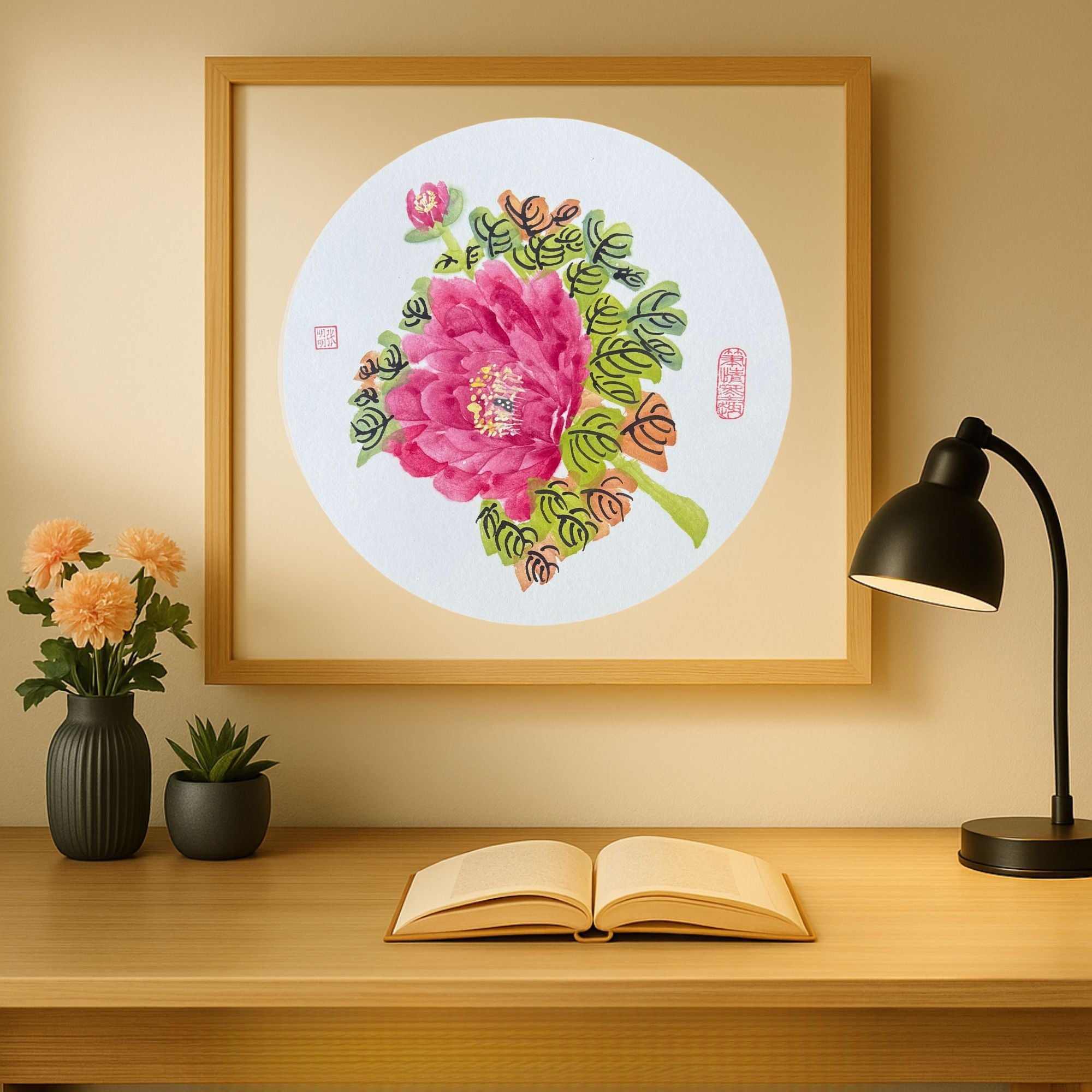 Hand-painted Oriental Peony Floral Wall Art – 38×38cm Wooden Frame, Gift-ready Home Décor Painting