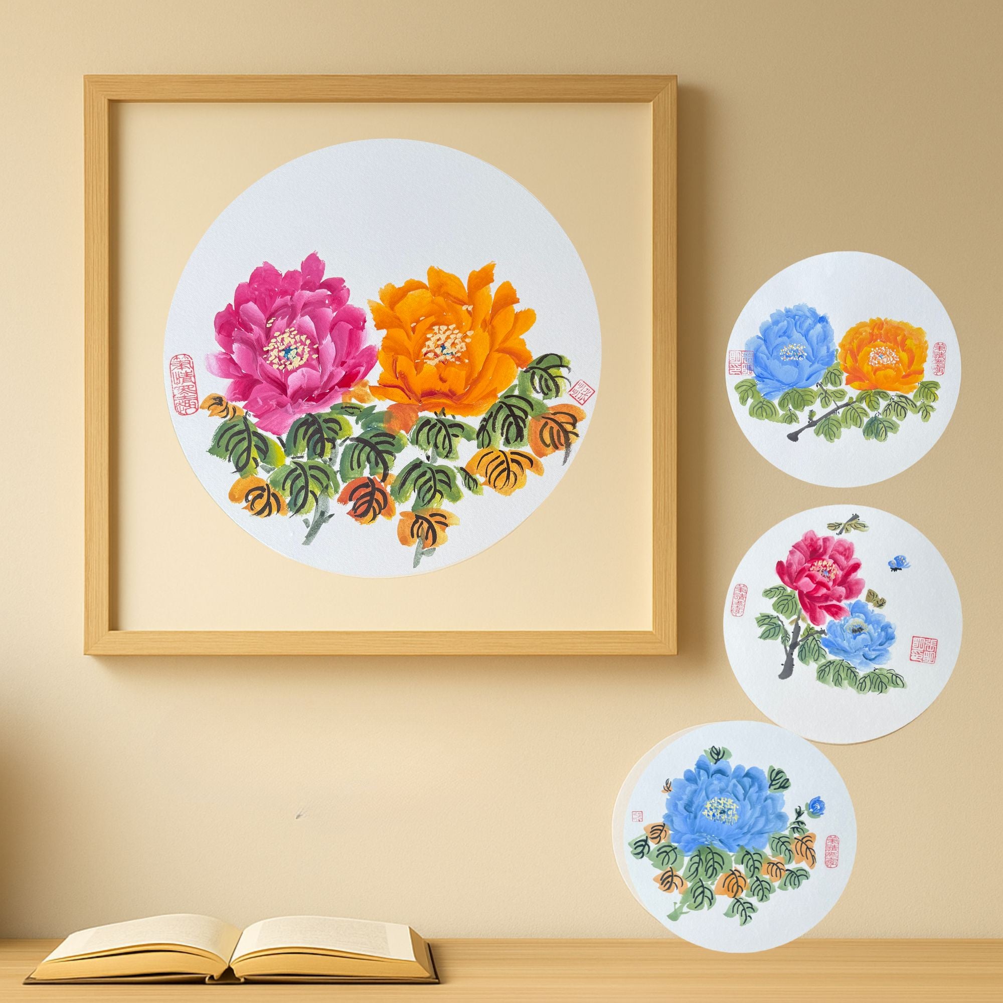Hand-painted Oriental Peony Floral Wall Art – 38×38cm Wooden Frame, Gift-ready Home Décor Painting