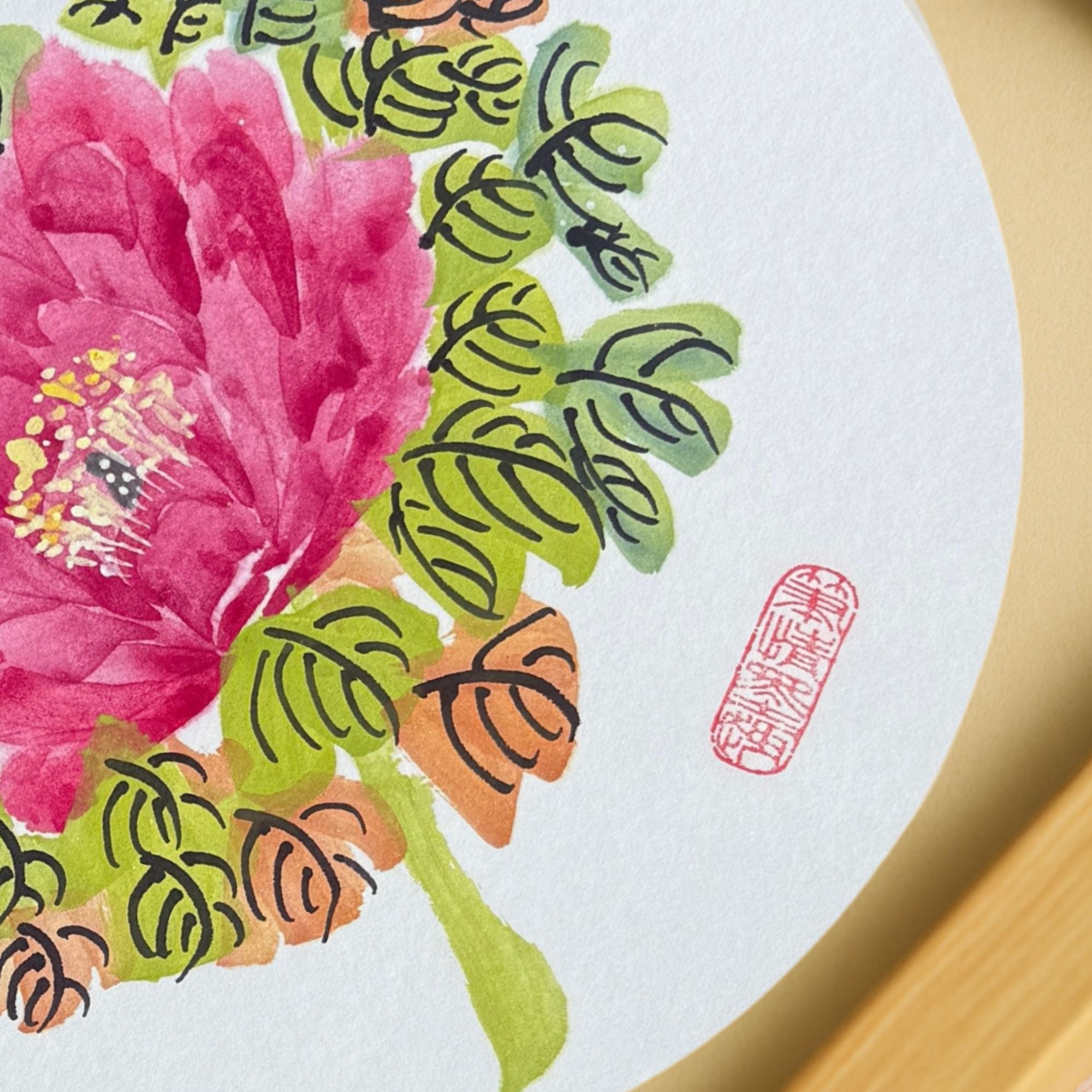 Hand-painted Oriental Peony Floral Wall Art – 38×38cm Wooden Frame, Gift-ready Home Décor Painting