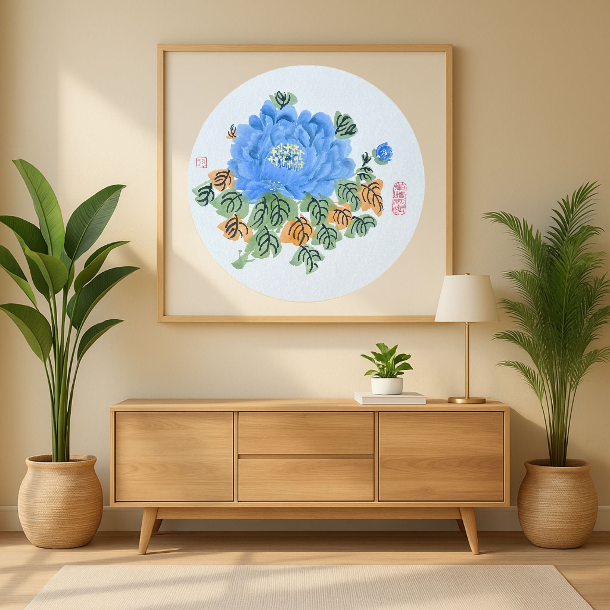 Hand-painted Oriental Peony Floral Wall Art – 38×38cm Wooden Frame, Gift-ready Home Décor Painting