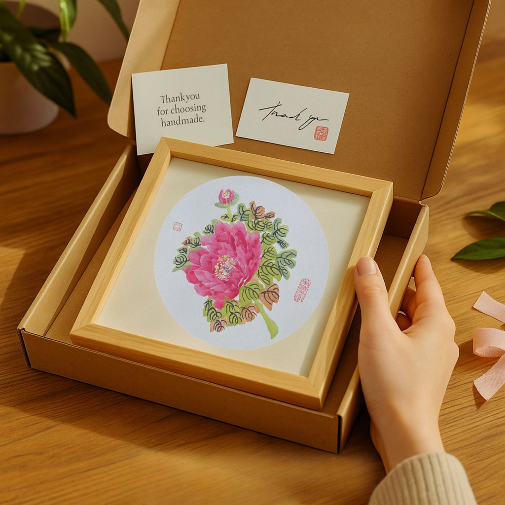 Hand-painted Oriental Peony Floral Wall Art – 38×38cm Wooden Frame, Gift-ready Home Décor Painting