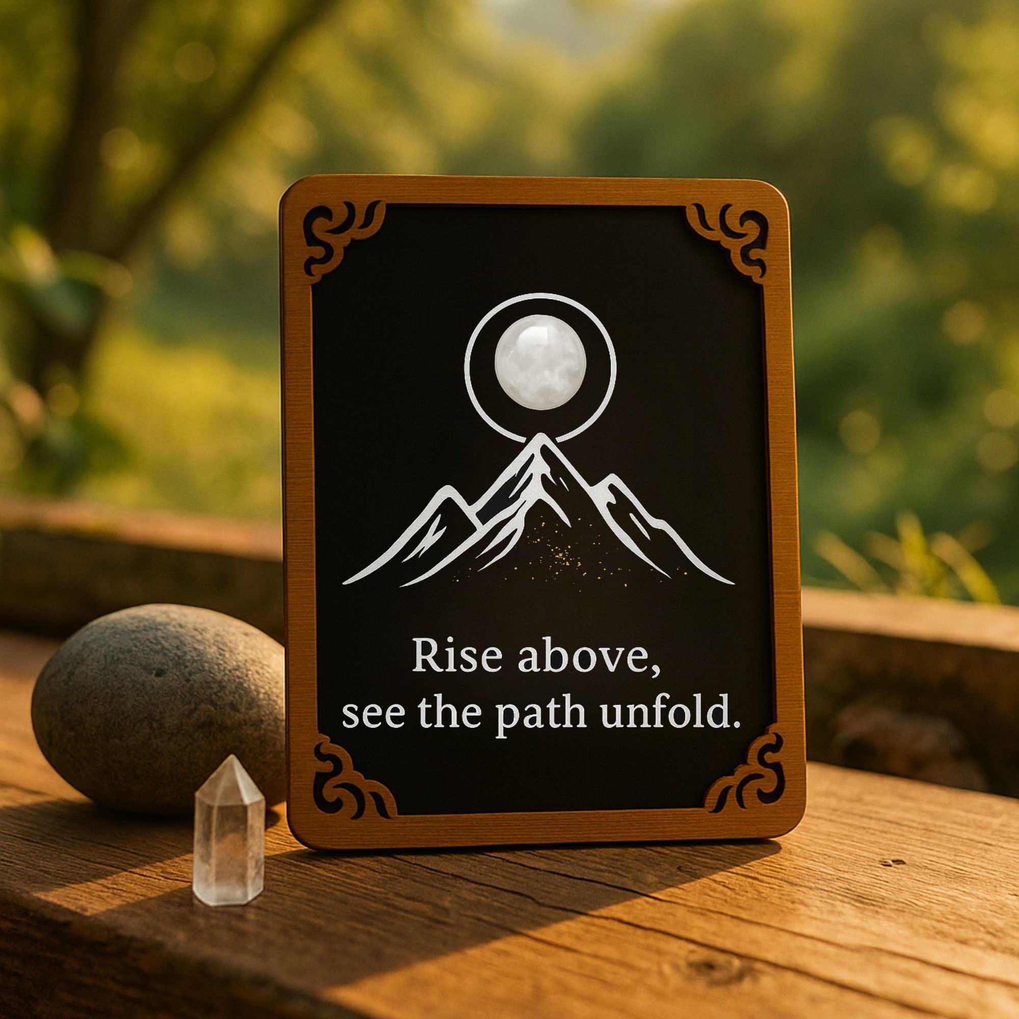 Hand-painted wooden mountain totem card with white gemstone accent, text “Rise above, see the path unfold.” Displayed outdoors with natural stone and crystal, symbolizing strength and spiritual growth.
