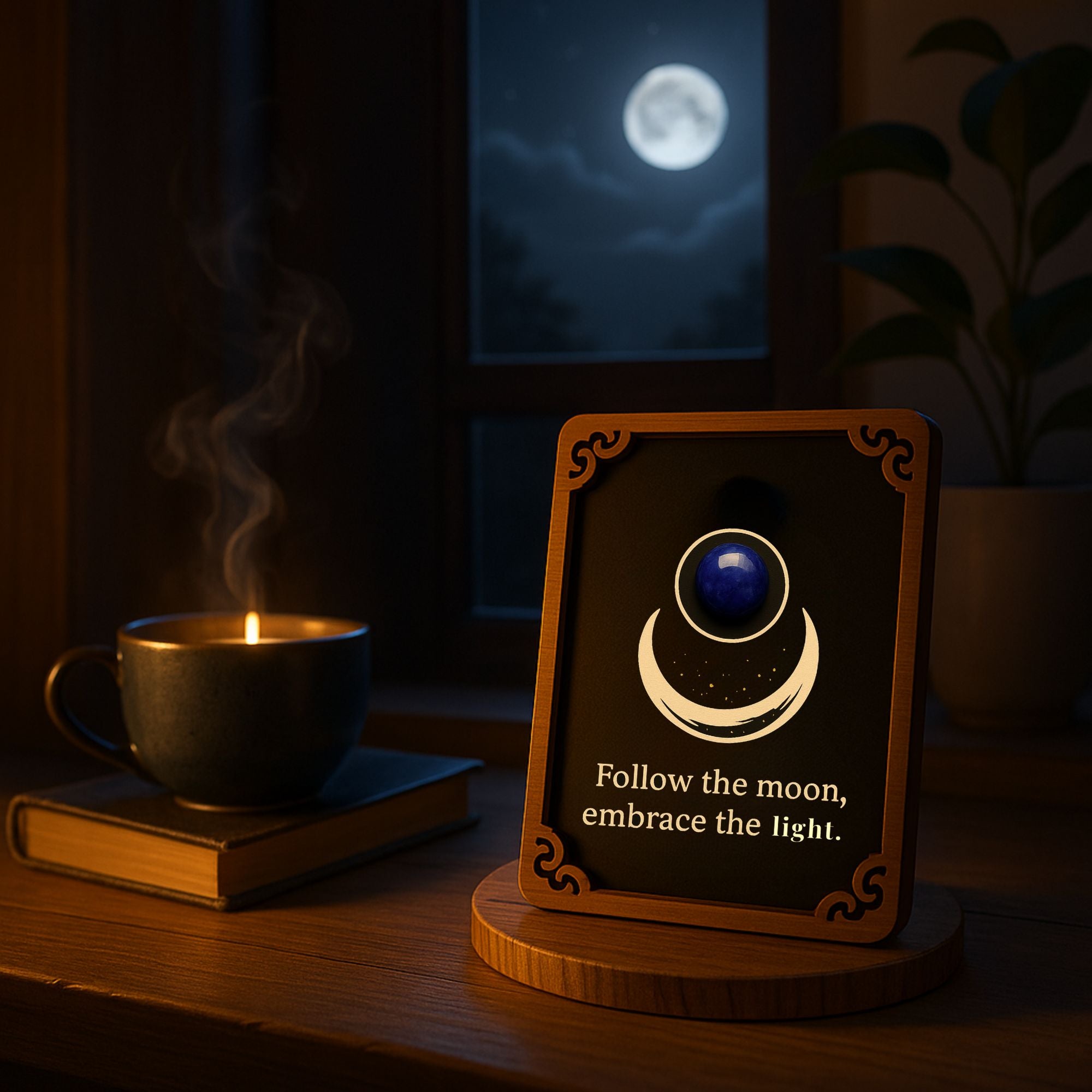 Hand-painted wooden moon totem card with blue gemstone accent, text “Follow the moon, embrace the light.” Displayed beside a candle and book with full moon in the background, creating a spiritual meditation atmosphere.