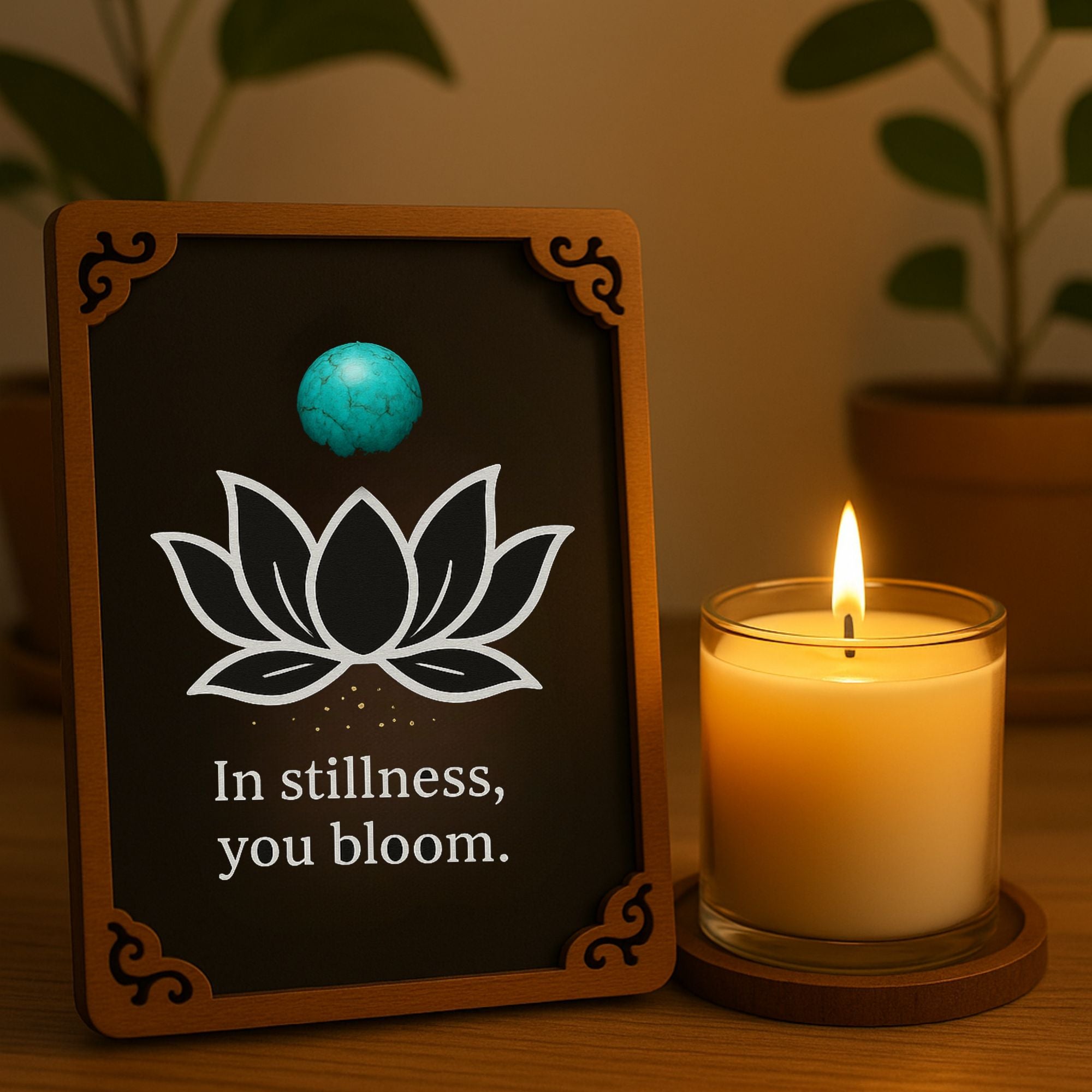 Hand-painted wooden lotus totem card with turquoise gemstone accent, text “In stillness, you bloom.” Displayed beside a lit candle, creating a calm and meditative atmosphere for spiritual practice.