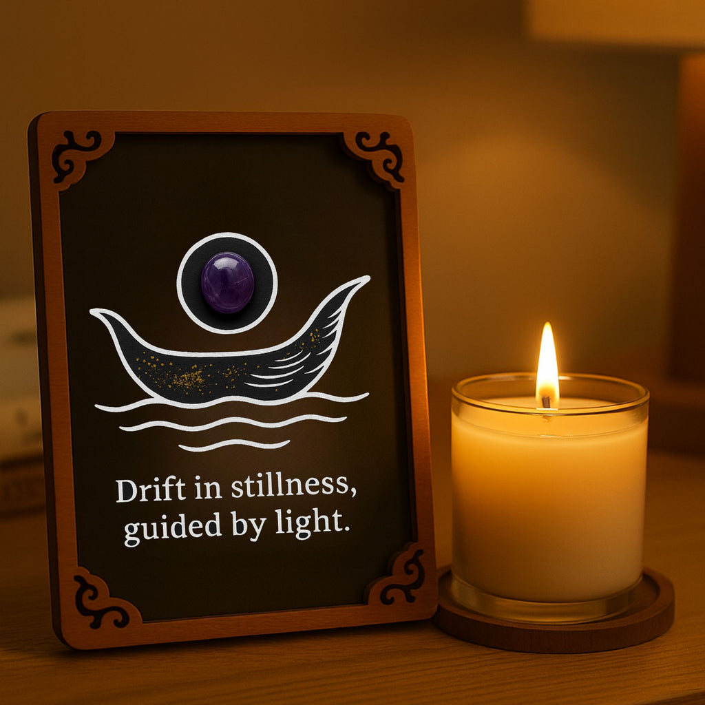Hand-painted wooden wave totem card with purple gemstone accent, text “Drift in stillness, guided by light.” Displayed beside a lit candle, creating a calm and spiritual atmosphere for meditation or altar décor.
