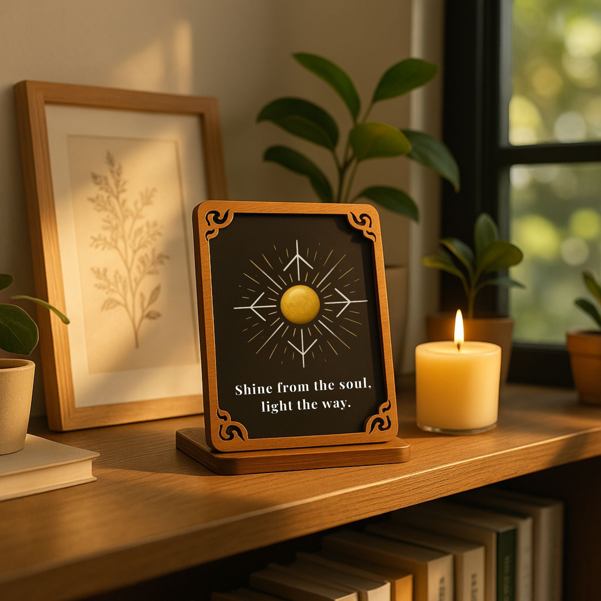 Hand-painted wooden sun totem card with golden gemstone accent, text “Shine from the soul, light the way.” Displayed on a wooden stand beside a lit candle, plants, and artwork, creating a warm and spiritual home décor setting.
