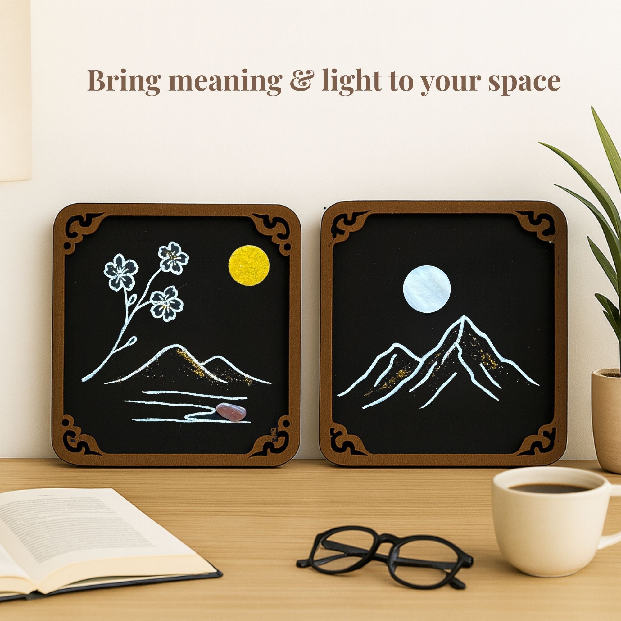 Hand-painted totem art cards (7x9cm) with mountain and moon design, displayed in wooden frame, perfect for meditation, home décor, or gift box presentation.