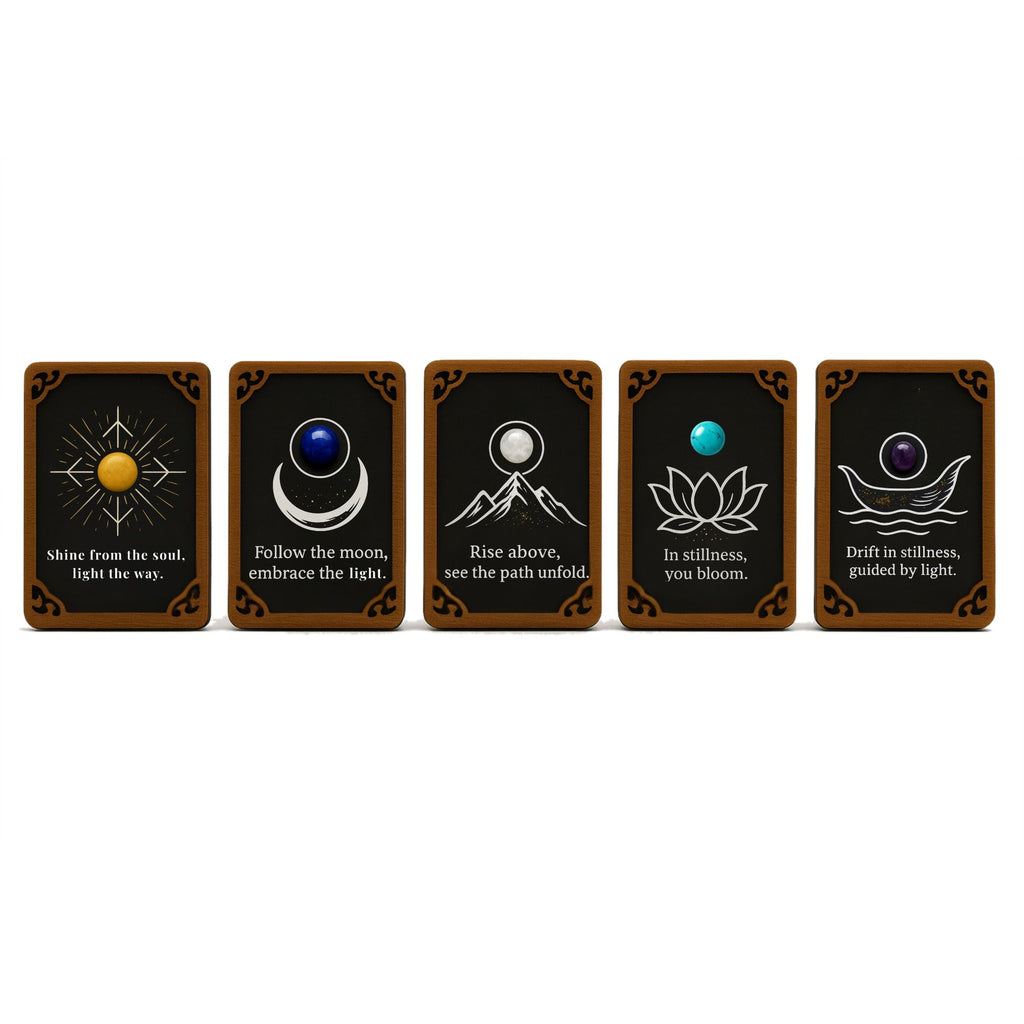 Set of 5 hand-painted wooden totem cards with gemstone accents, featuring sun, moon, mountain, lotus, and wave designs. Spiritual art cards for meditation, altar décor, and unique gifts.