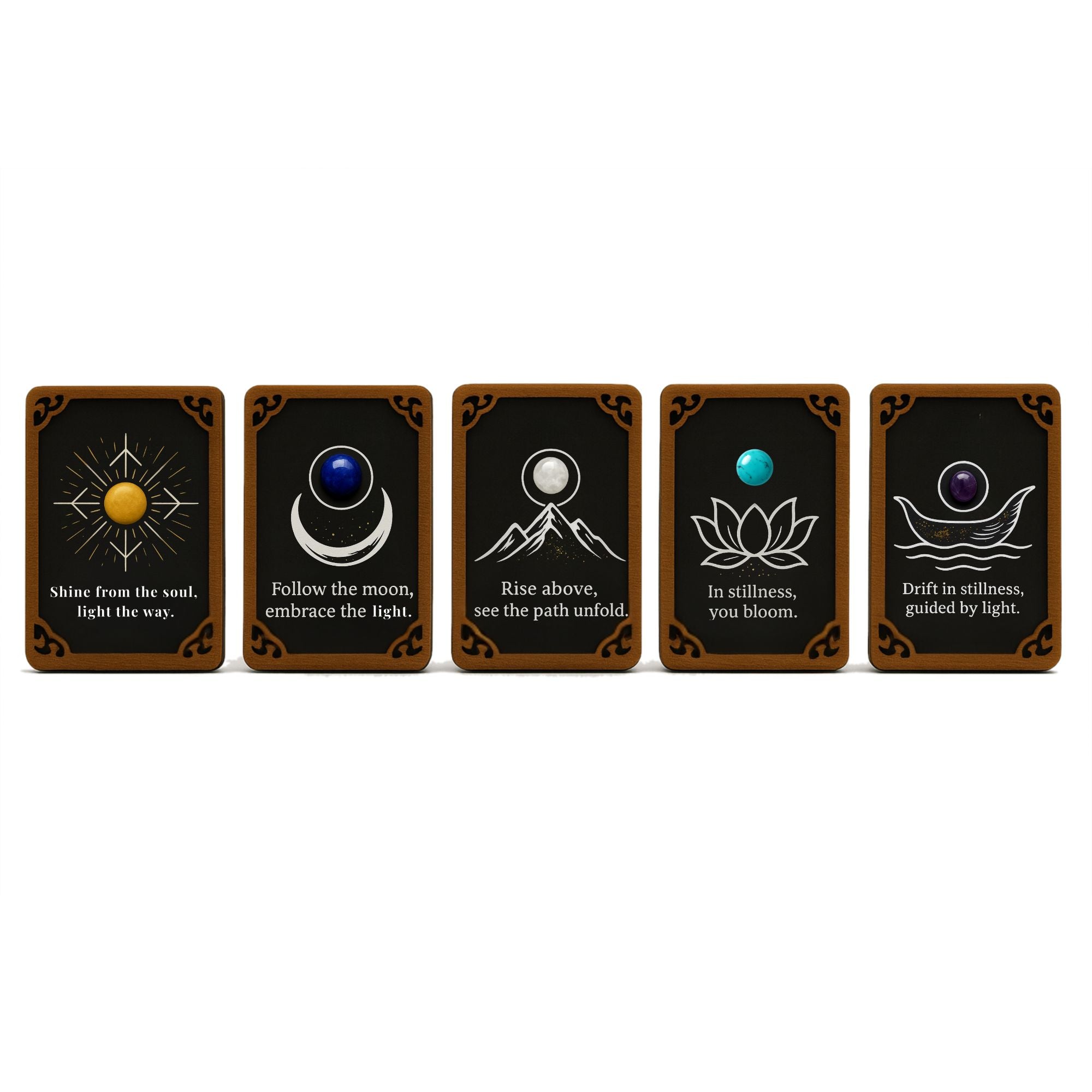 Set of 5 hand-painted wooden totem cards with gemstone accents, featuring sun, moon, mountain, lotus, and wave designs. Spiritual art cards for meditation, altar décor, and unique gifts.