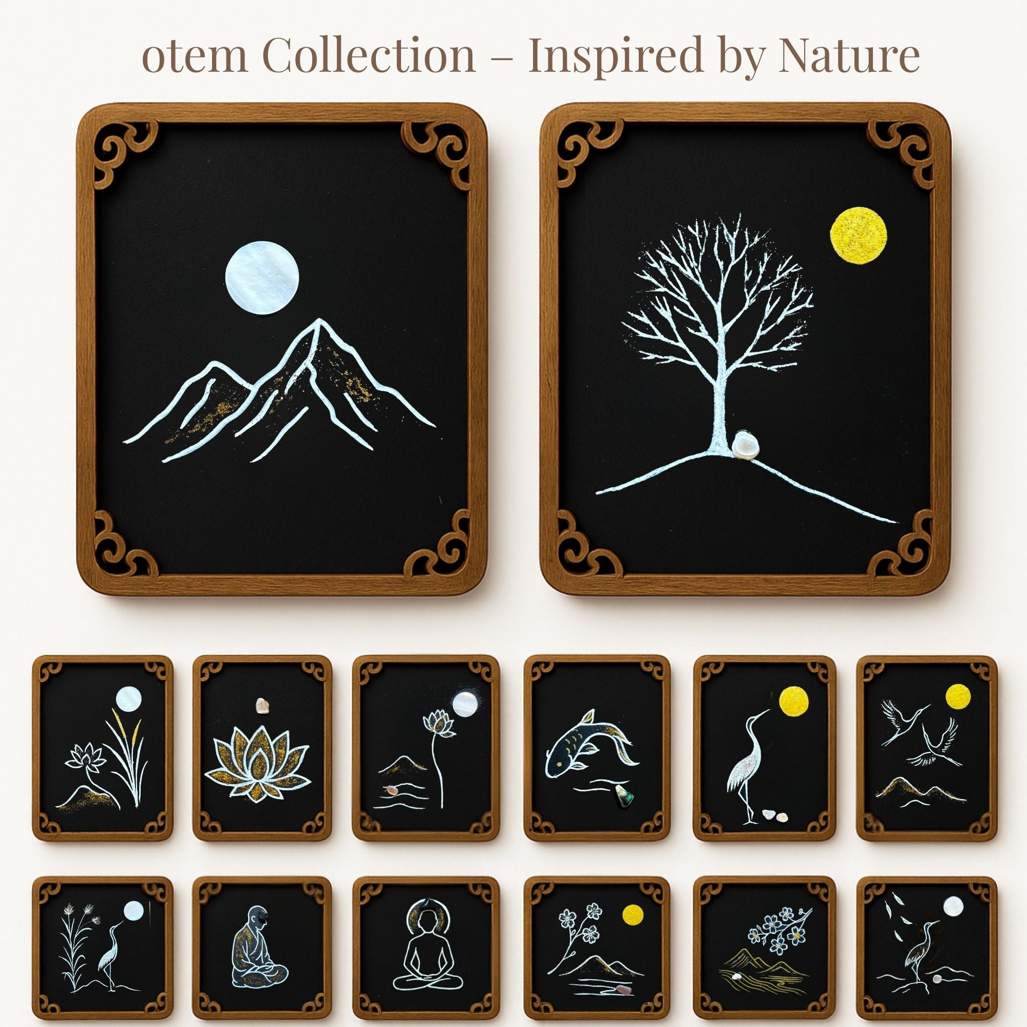 Hand-painted Totem Art Card Collection – mountain, tree, lotus, crane, Buddha, inspired by nature, with natural crystal inlays