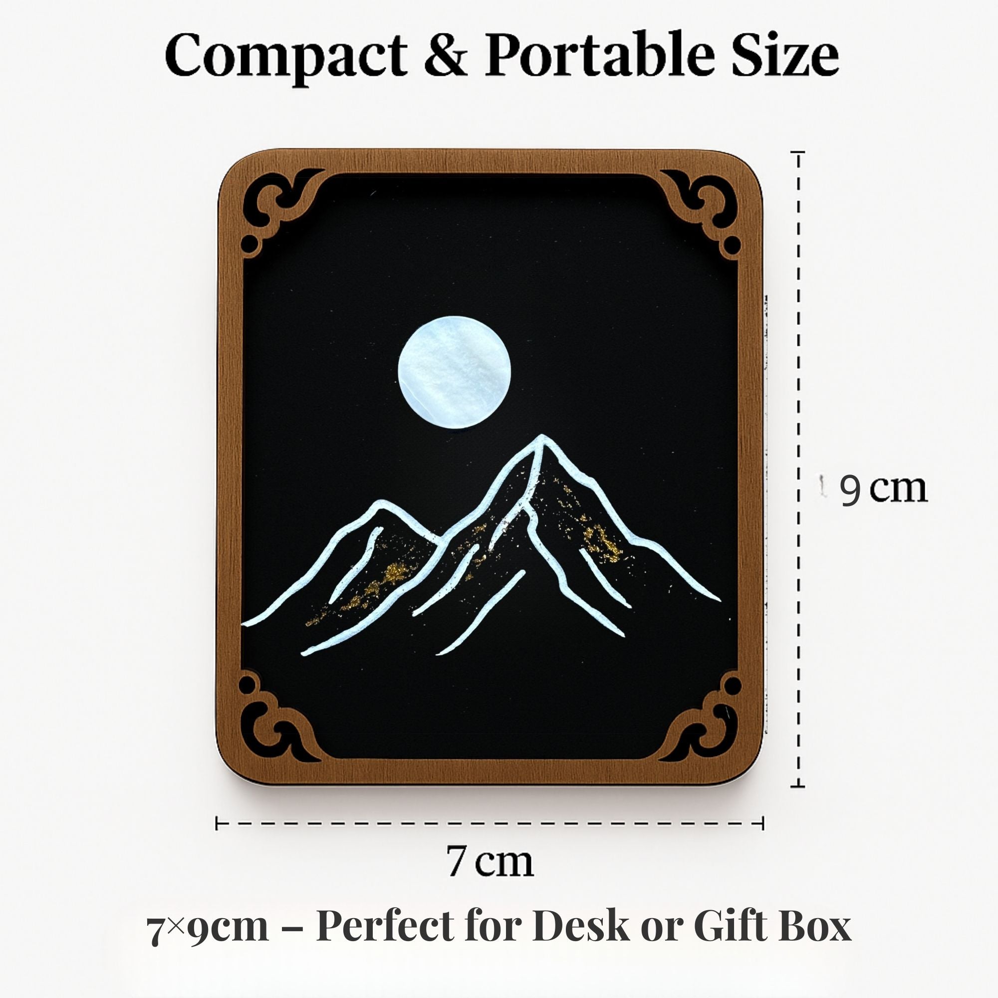 Hand-painted Totem Art Card – mountain and moon design, 7×9 cm compact wooden frame, with natural crystal inlay