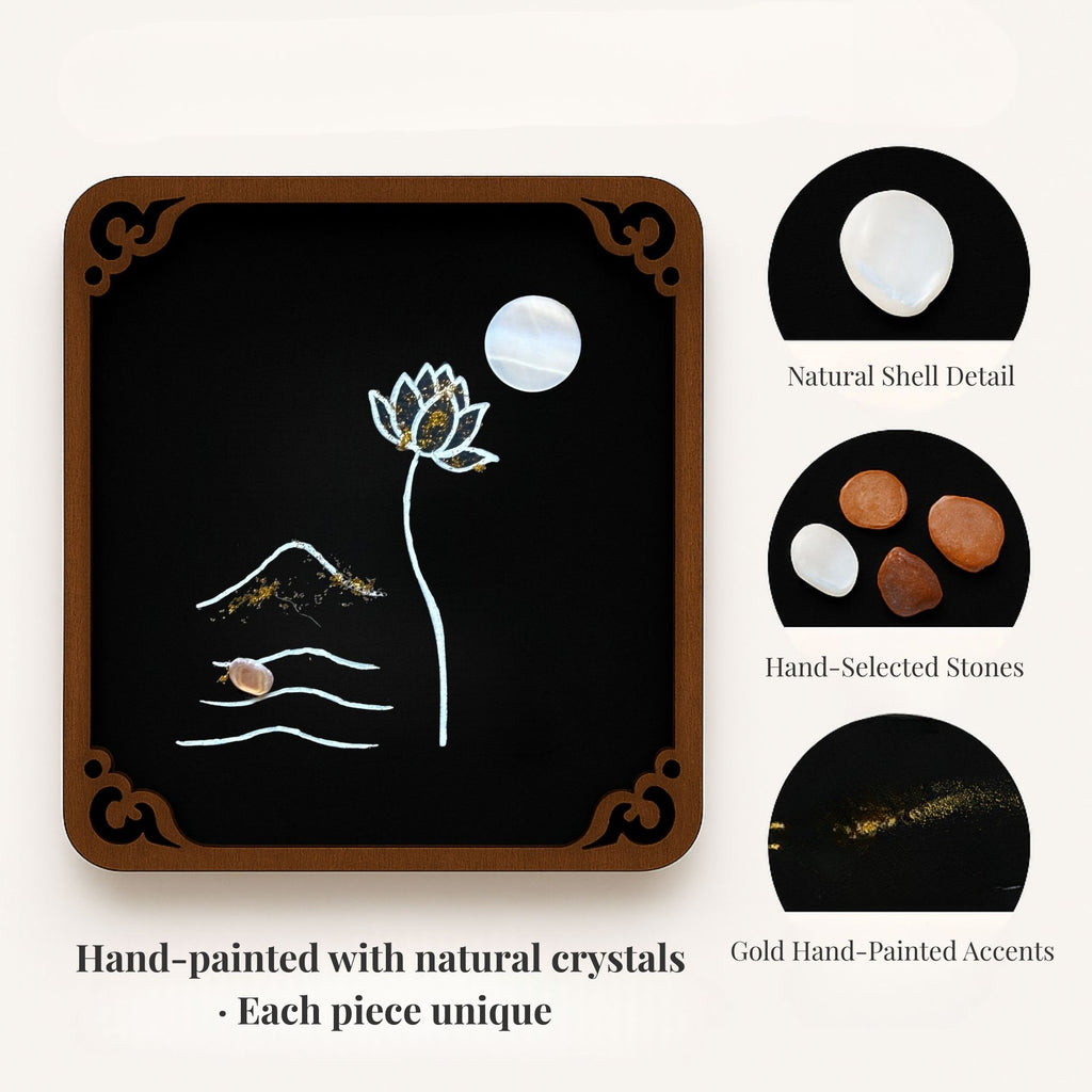 Hand-painted Totem Art Card – lotus and moon design with natural shell, selected stones, and gold hand-painted accents, 7×9 cm wooden frame