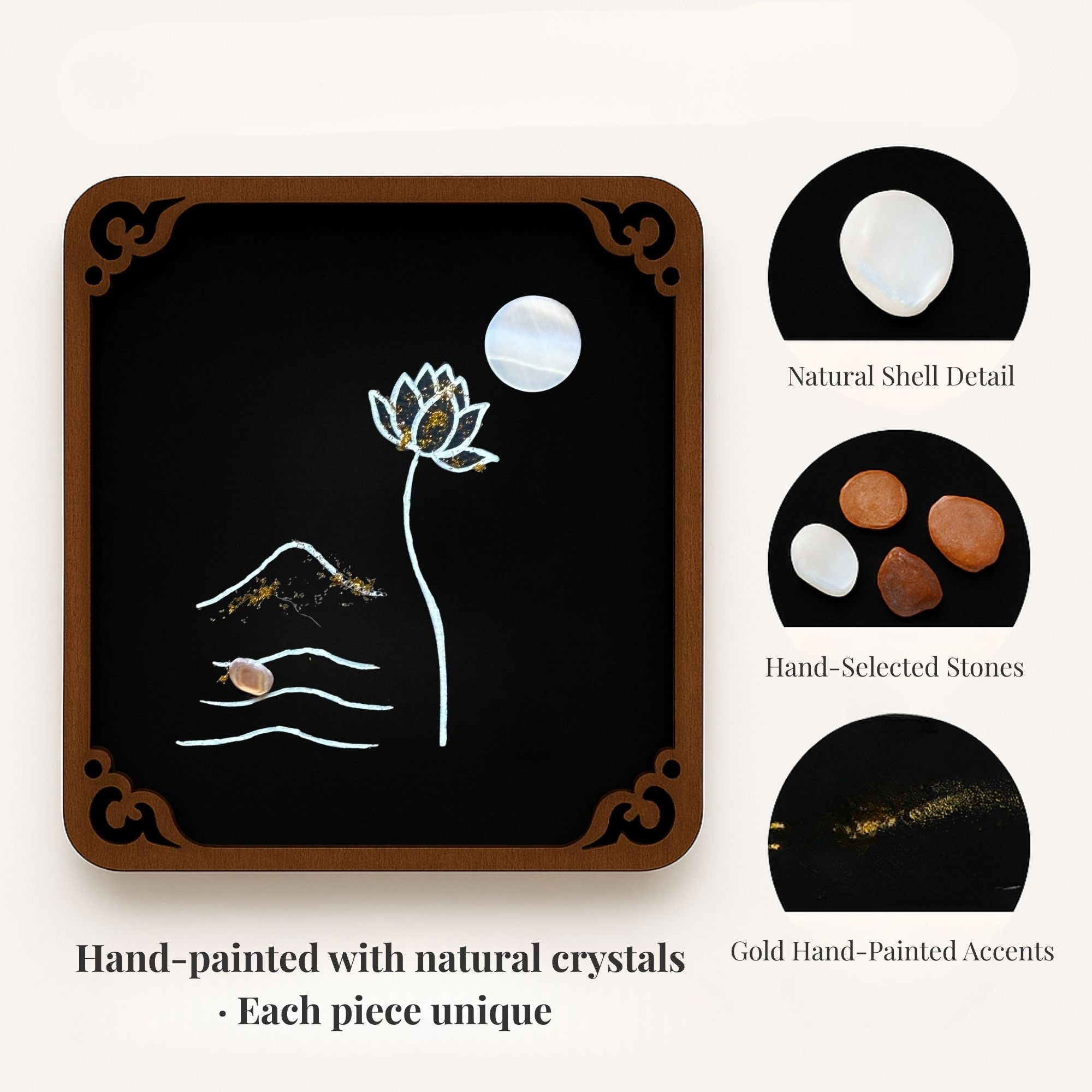 Hand-painted Totem Art Card – lotus and moon design with natural shell, selected stones, and gold hand-painted accents, 7×9 cm wooden frame
