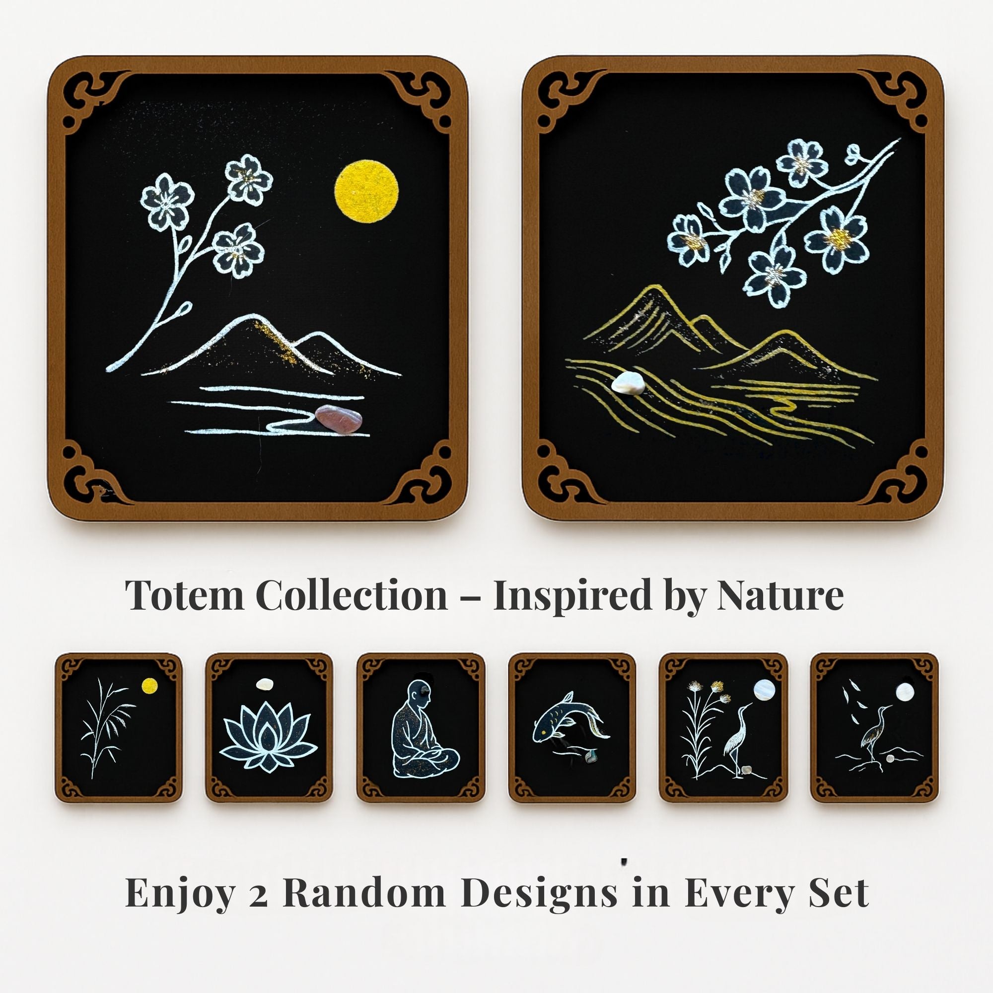 Totem Collection hand-painted art cards – floral and mountain designs with natural stones, inspired by nature. Set includes 2 random 7×9 cm wooden framed cards