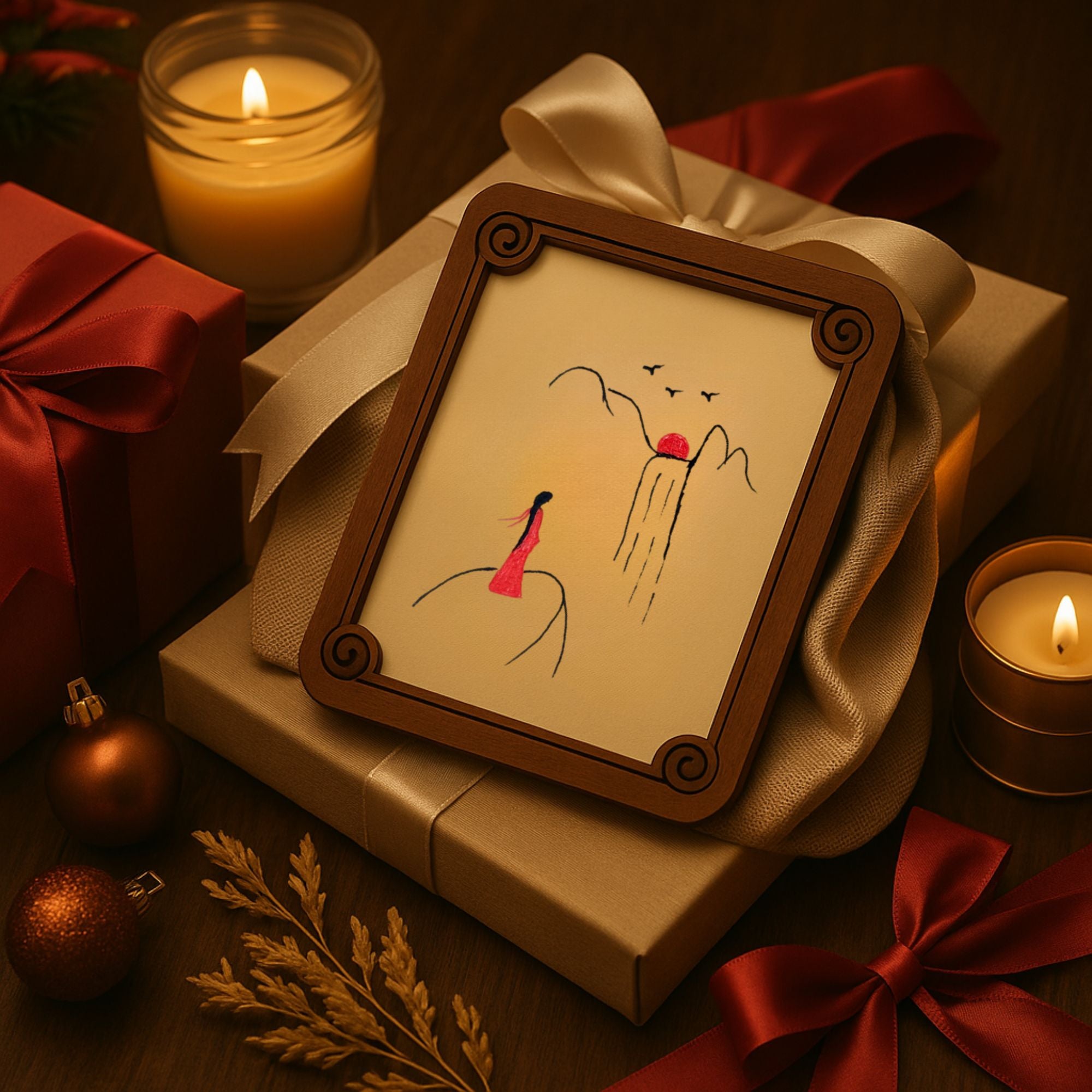 Hand-painted wooden card with red figure in a natural wood frame, displayed on a gift box with ribbon, candle, and ornaments for a festive scene.