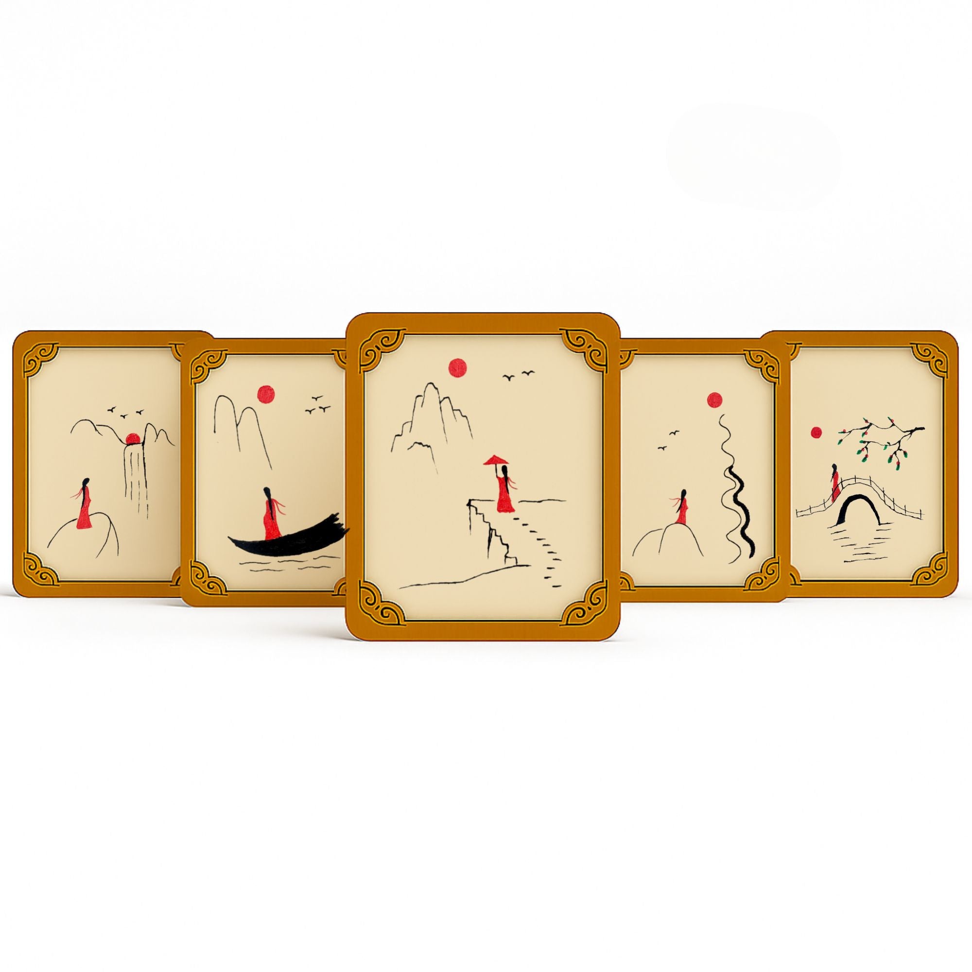 "Hand-painted wooden card set of 5 designs, minimalist oriental art with red figure and natural wood frame, displayed in a clean layout."