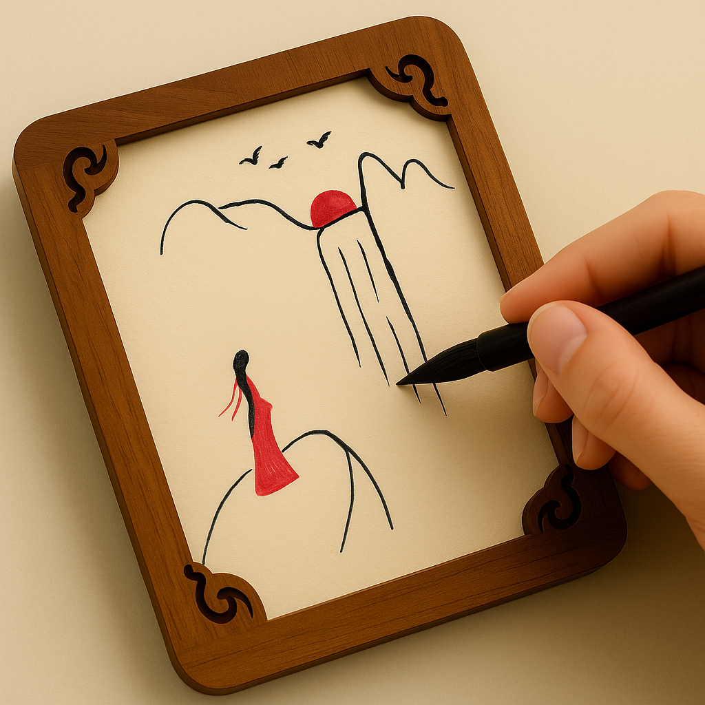 A close-up view of a hand painting a minimalist red figure and mountain scene on a wooden framed card, emphasizing handmade craftsmanship.