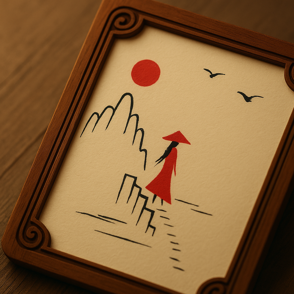 Close-up view of a hand-painted wooden framed card, showing the red figure, brushstroke details, and natural paper texture.