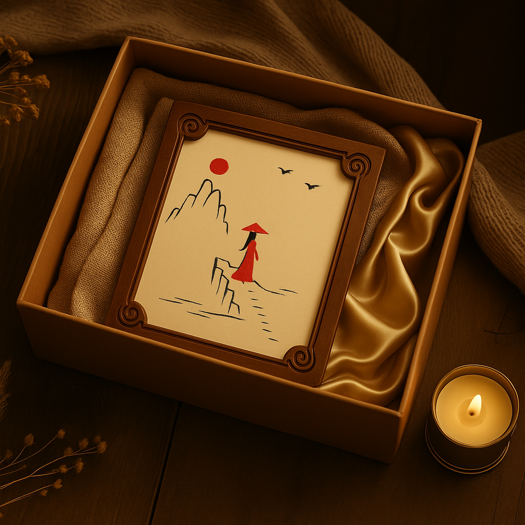 Hand-painted wooden card with oriental red figure art, placed inside a silk-lined gift box with candle and fabric decor.