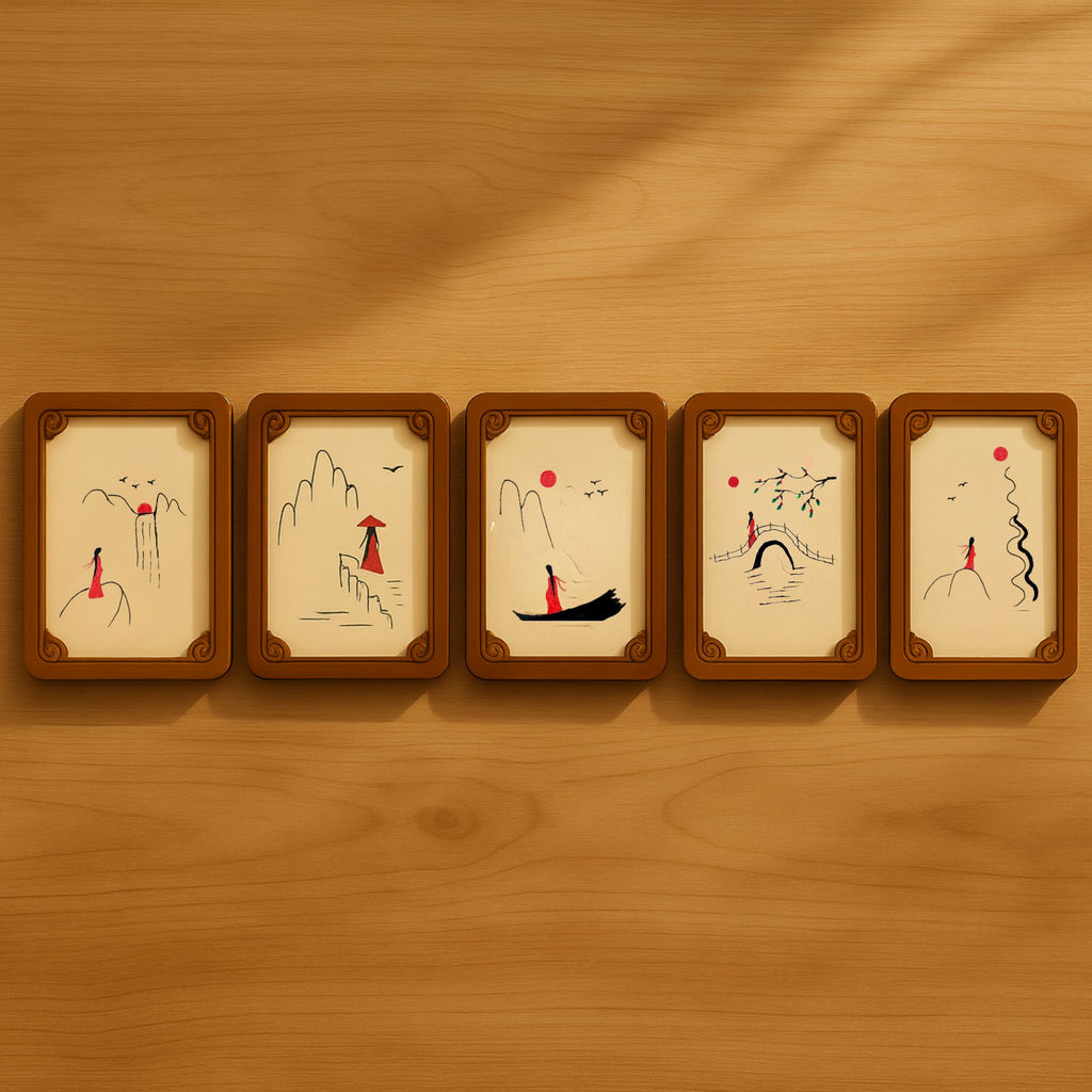Flat lay of 5 hand-painted wooden cards with oriental red figure art, displayed neatly on a wooden surface with natural light.