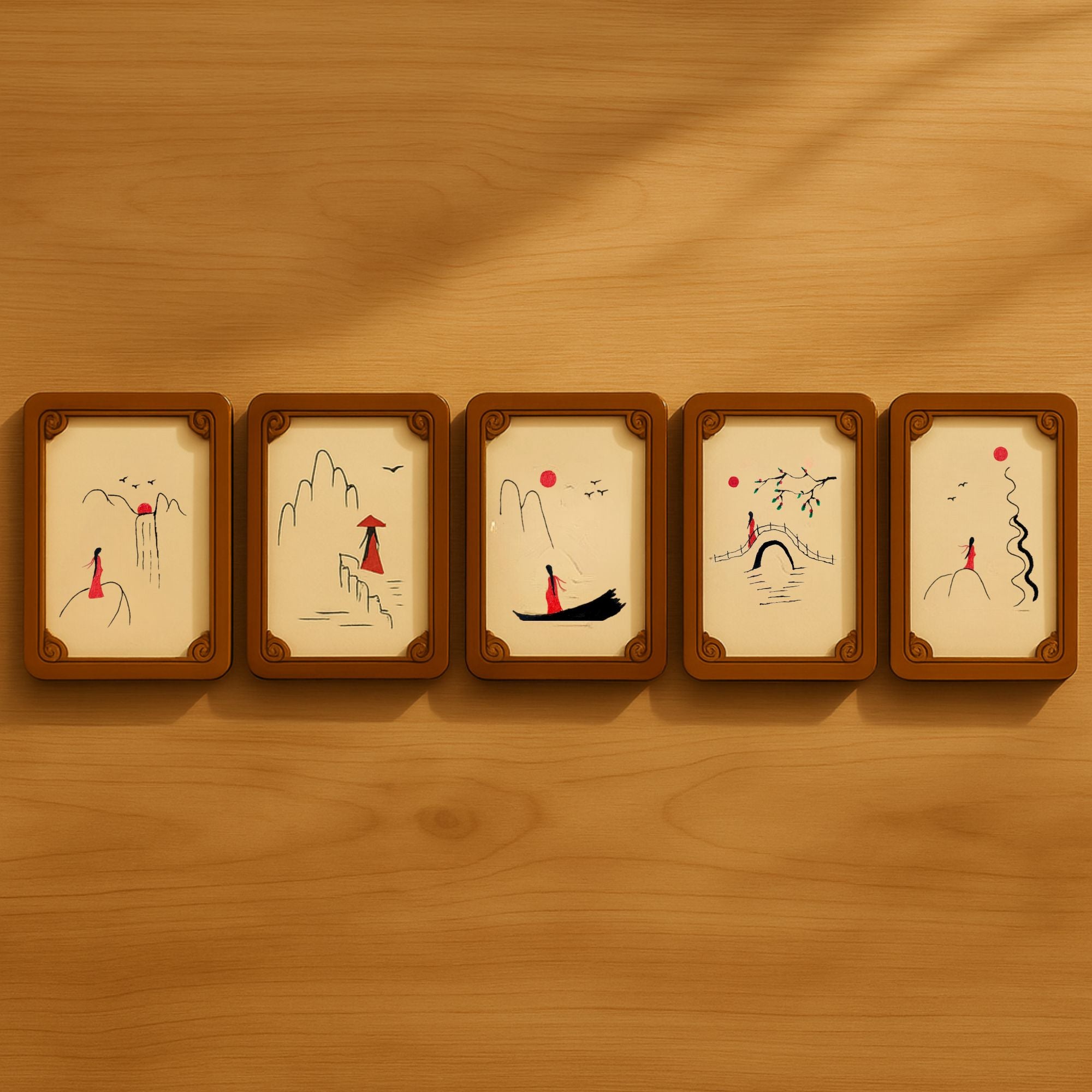 Flat lay of 5 hand-painted wooden cards with oriental red figure art, displayed neatly on a wooden surface with natural light.