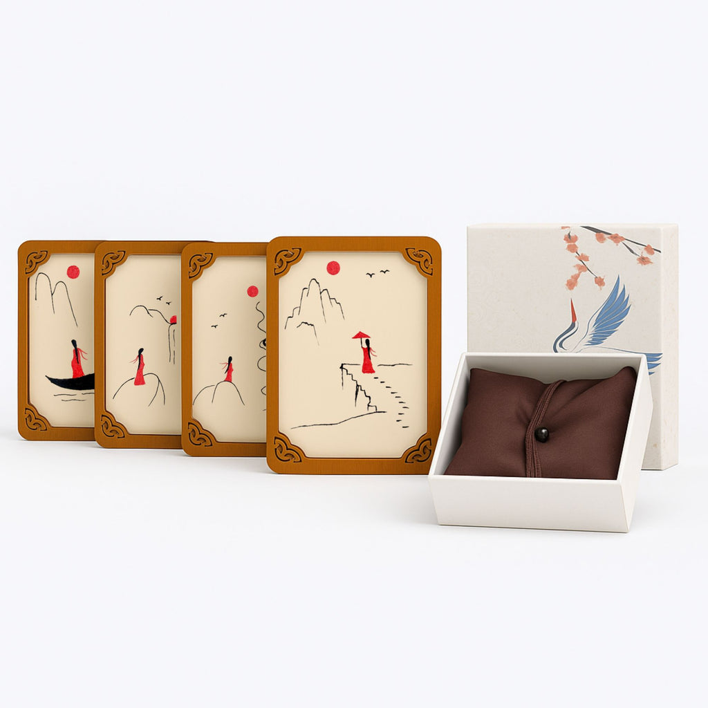 Hand-painted wooden card set of 4 designs with oriental red figure art, displayed beside a decorative crane gift box and silk pouch.