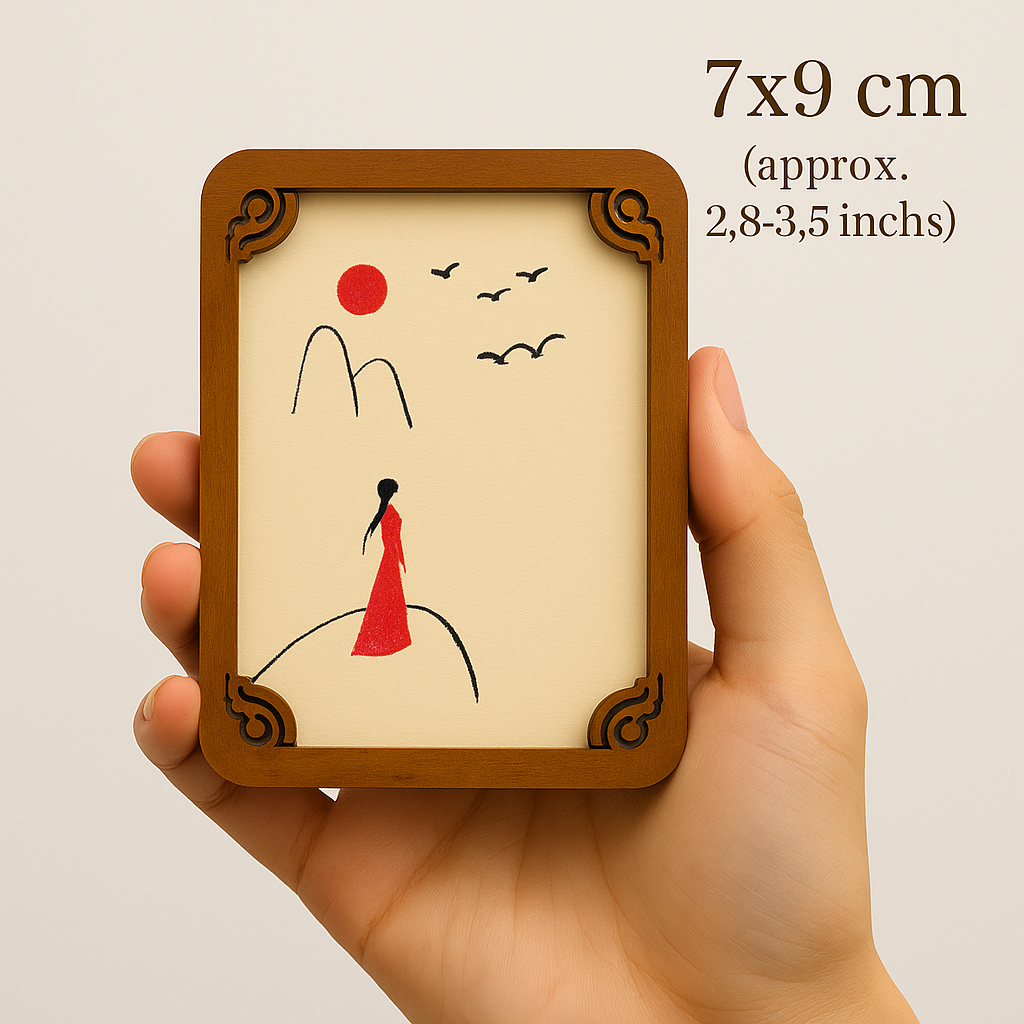 Close-up of a single hand-painted wooden card with oriental minimalist art, shown in hand with size 7x9 cm indicated.