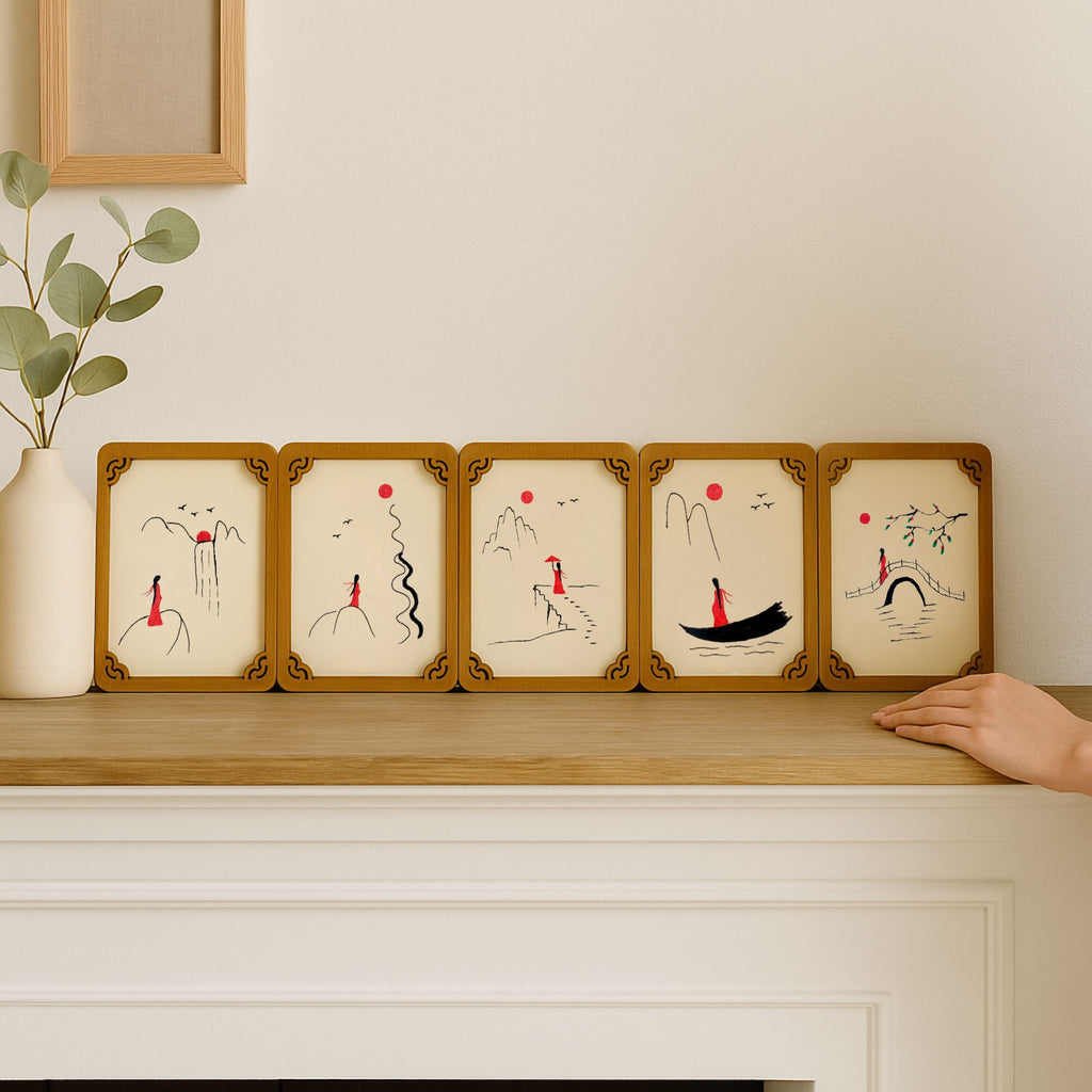 Set of five hand-painted wooden cards with oriental minimalist art, neatly arranged on a wooden surface for a complete series display.