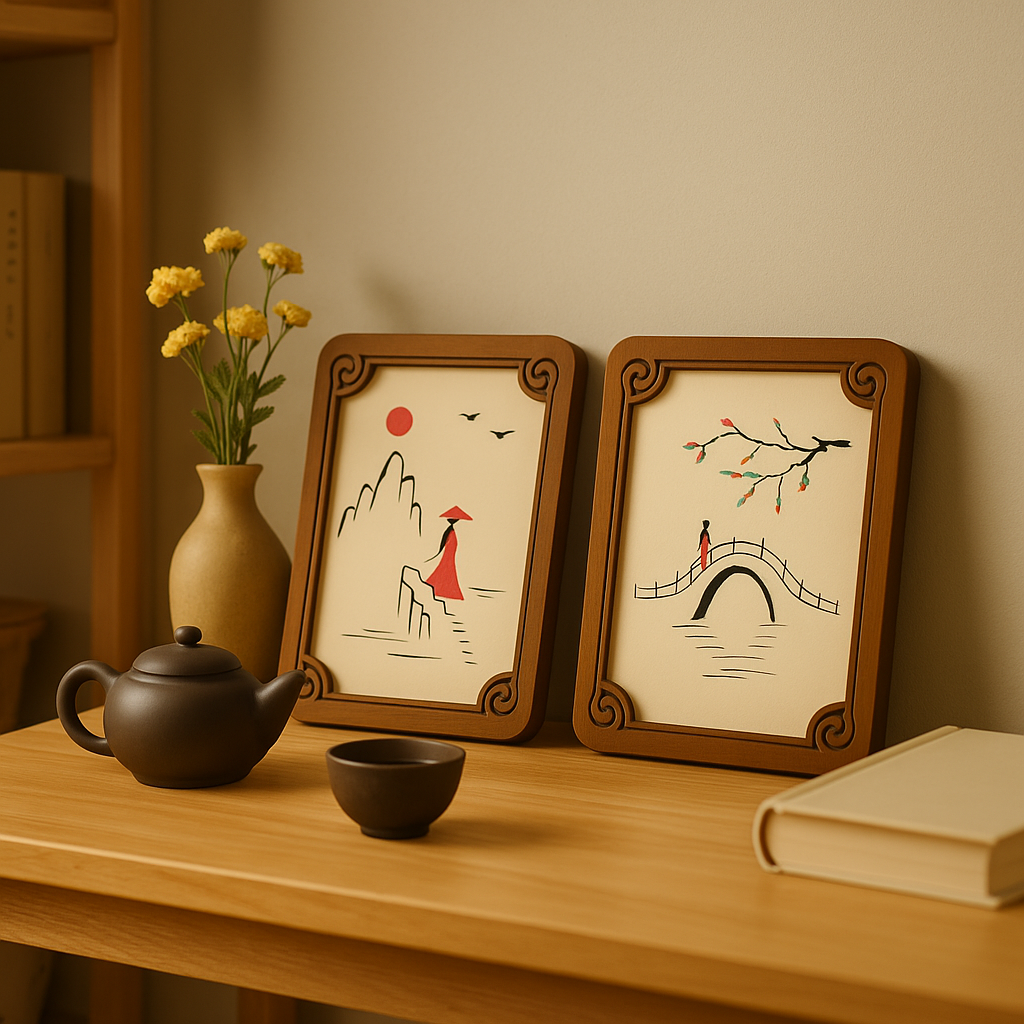 Two hand-painted wooden cards with minimalist oriental art, displayed on a wooden table with teapot, vase, and book for a cozy home decor setting.